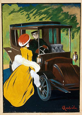 Woman in Yellow Dress and Chauffeur in Car