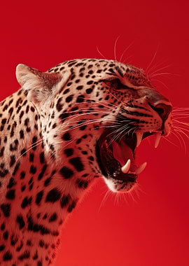Leopard roaring on red background