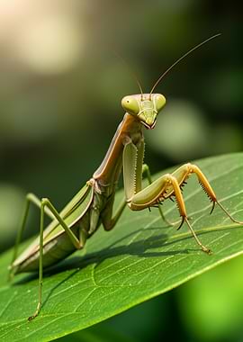 Praying Mantis on a Green Leaf