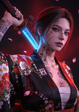 Cyberpunk Geisha with Glowing Katana