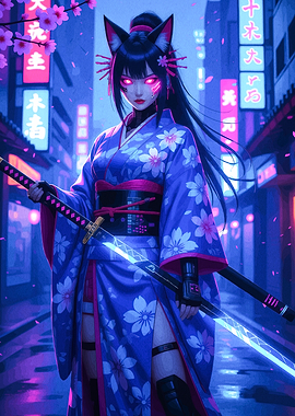 Cyberpunk Cat Girl with Katana