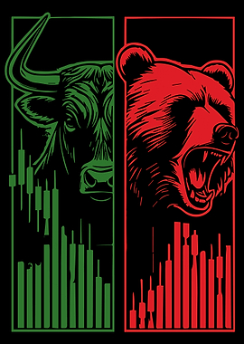 Bull vs Bear Stock Market Poster, Trading Wall Art, Green Bull Red Bear Finance Print