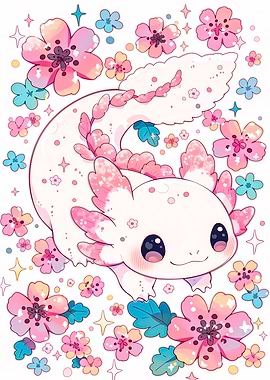 Cute Axolotl Surrounded by Flowers