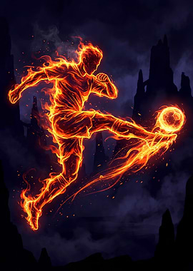Fiery Soccer Player Kicking Ball