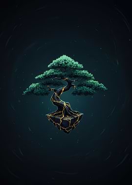 Floating Kintsugi Bonsai Tree with Cracked Earth