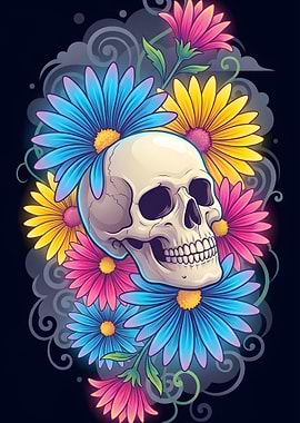 Skull Surrounded by Colorful Flowers