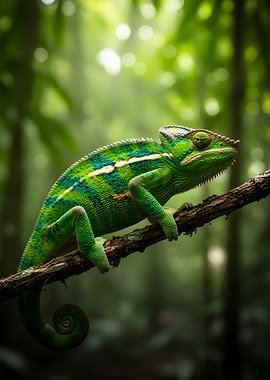 Green Chameleon on a Branch