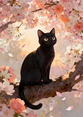 Black Cat Among Cherry Blossoms