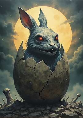 Creepy Easter Bunny Emerging from Egg