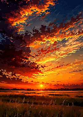 Dramatic Sunset Over Grassy Field