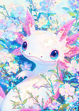 Cute Axolotl in a Floral Garden