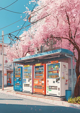 Japanese street with cherry blossoms and vending machines