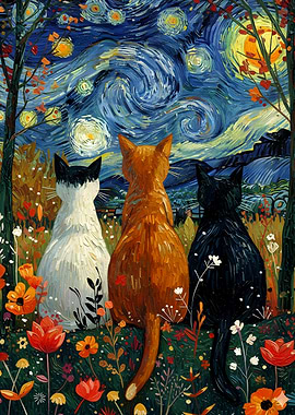 Cats admire Van Gogh's Starry Night