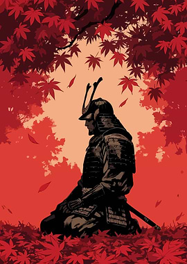 Samurai in Autumn Leaves Art