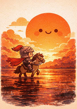 Knight Riding Horse at Sunset