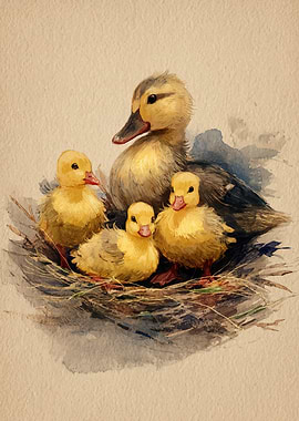 Mother Duck and Ducklings in Nest