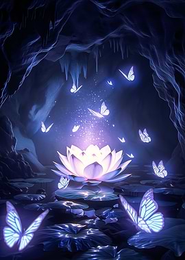 Magical Lotus Flower with Butterflies in Cave