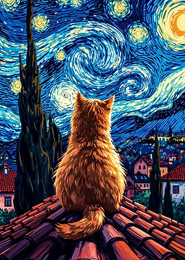 Cat looking at Van Gogh's Starry Night