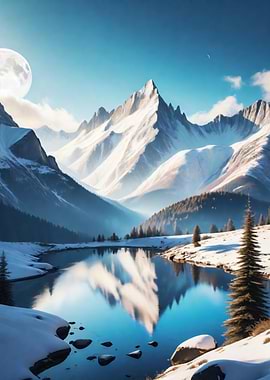 Snowy Mountain Lake Reflection