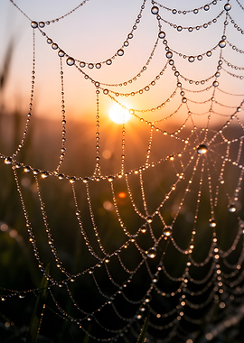 Dewdrops on Spiderweb at Sunrise