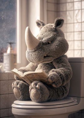 Plush Rhino Reading on Toilet
