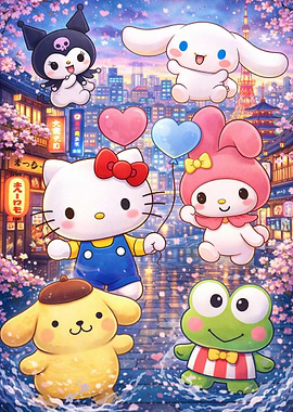 Sanrio Characters in a Japanese Cityscape