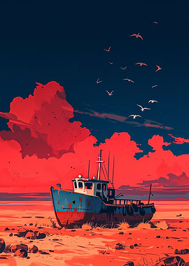 Beached Boat Under Dramatic Sky