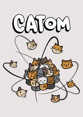 CATOM Poster, Cute Cat Atom Illustration, Funny Science Feline Wall Art Print
