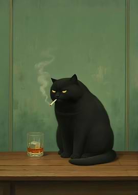 Black Moody Cat Smoking and Drinking Whiskey