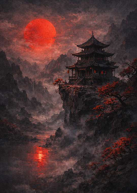 Misty Mountain Temple at Sunset