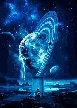 Astronaut Gazing at Ringed Planet