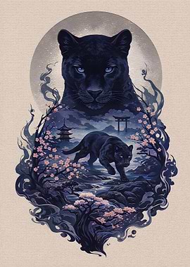 Black Panther in Japanese Landscape
