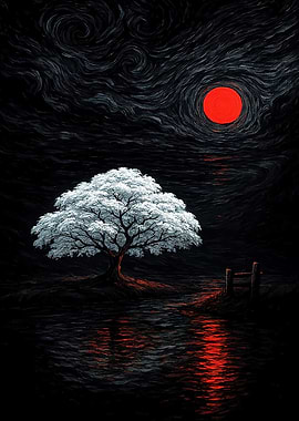 Ethereal Tree Under Red Moon