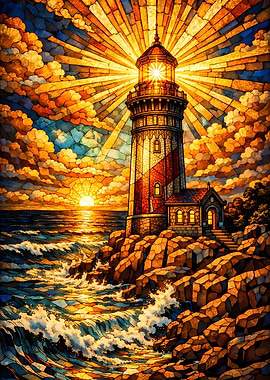 Stained Glass Lighthouse at Sunset