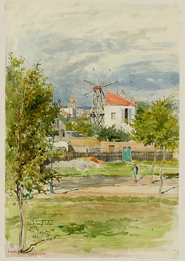 Countryside scene with windmill and distant city