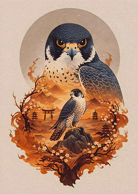 Peregrine Falcons in Japanese Landscape