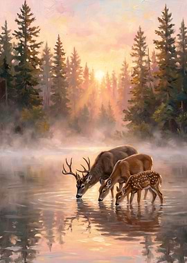 Deer drinking at sunrise
