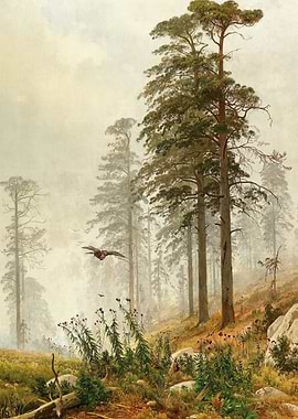Eagle soaring in a misty pine forest