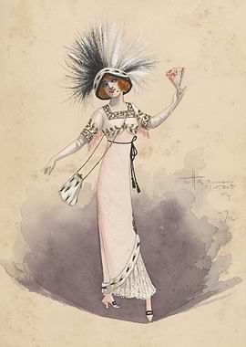 Fashion Illustration of a Woman in a Plumed Hat