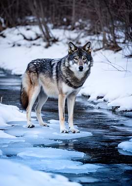 Wolf standing on ice by stream