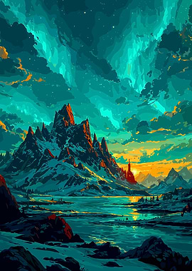 Fantasy Mountain Landscape with Aurora