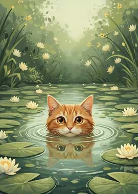 Cat in a Lily Pond