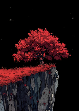 Red Tree on Cliff Under Stars