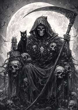 Grim Reaper with Black Cat and Skulls