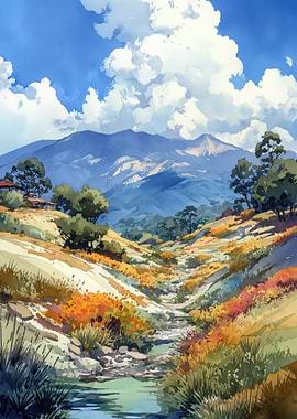 Watercolor Landscape of Mountains and Valley