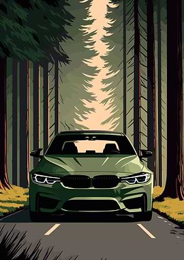 Green Car Driving Through Forest