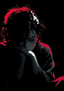 Brooding figure in red and black