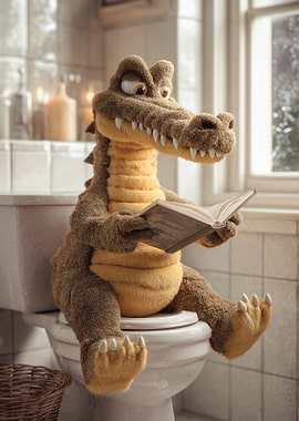 Plush Alligator Reading on Toilet