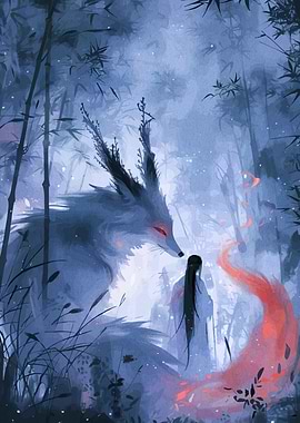 Mystical Fox Spirit and Human in Bamboo Forest