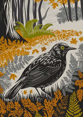 Blackbird in Autumn Forest
